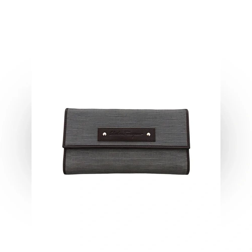 SALVATORE FERRAGAMO Calfskin Leather and Canvas Long Wallet